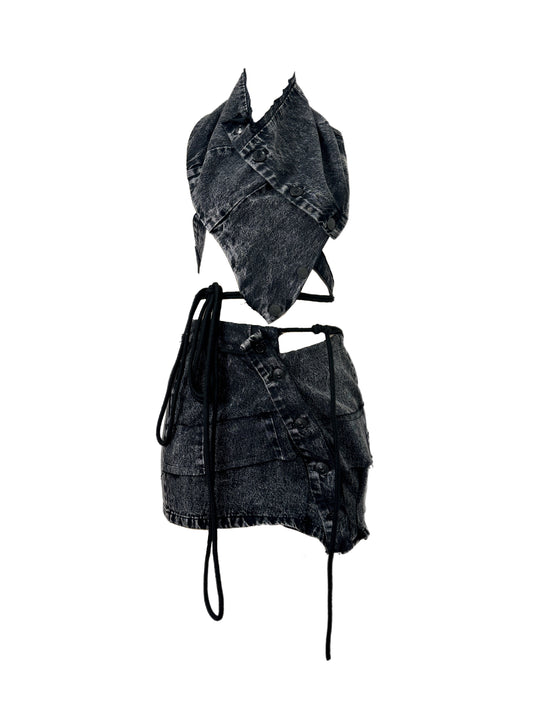 Dystopian Main Character Upcycled Denim Set - Top & Skirt By AAMBIVERT
